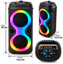 Bluetooth – afspil musik trådløst fra mobil, tablet m.m.
RGB LED-lysshow med 5 forskellige lysindstillinger
2 × 4" højttalerenheder
20 W samlet output – 2 × 10 W
Mikrofonindgang – perfekt til karaoke
FM-radio
USB-afspilning – tilslut USB-stick og afspil musik
Indbygget genopladeligt lithiumbatteri
Mulighed for at forbinde to højttalere trådløst
Indbygget håndtag – nem at tage med
Micro USB-opladning